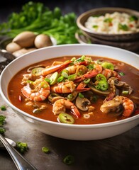 Poster - A Tempting Side View of a Bowl of Spicy Seafood Gumbo on a White Kitchen Dining Table - A Homemade Culinary Delight Bursting with Southern Comfort