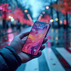 Aufkleber - A hand holding smartphone on the Street of modern city and magenta waves. Generative AI.