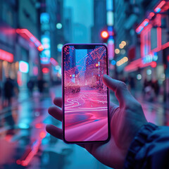 Aufkleber - A hand holding smartphone on the Street of modern city and magenta waves. Generative AI.