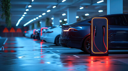 Poster - Electric vehicle charging, Parking lot background. Generative AI.