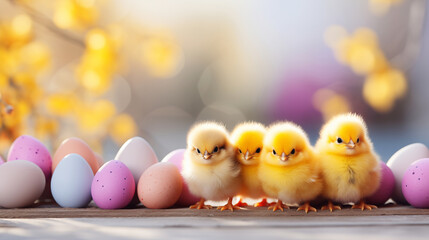 Fluffy yellow chicks next to pastel colored Easter eggs on a festive background with soft focus