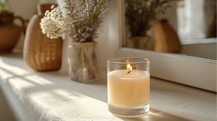 Sticker - Luxury scented candle glass on a white textured shelf. Generative AI.