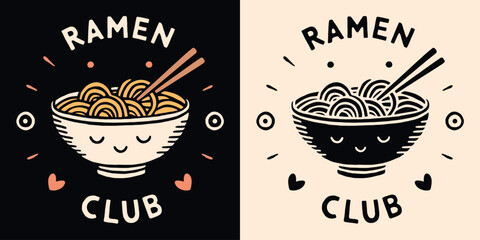 Wall Mural - ramen lover club badge logo. cute yummy ramen noodles bowl smiley face kawaii illustration. retro vi