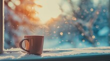 Coffee Cup Sitting Beside A Window During The Winter Time