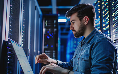 Wall Mural - IT Technician Works on a Laptop in Big Data Center full of Rack Servers. Diagnostics and Maintenance, Sets up System Concept.