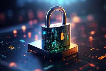 Wall Mural - Enhance cybersecurity with a digital padlock icon on a virtual interface screen. Safeguard your online presence and protect business data privacy against cyber threats.