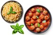 © LimeSky - Meatballs set on white background with tomato sauce in pan pasta and basil on plate top view