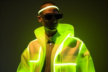  Cyberpunk man wearing sunglasses and neon light glowing clothes