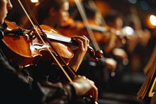 An Orchestral Musician Plays The Violin In A Symphony Orchestra At A Concert. Close-up