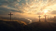 Three Cross On The Hill With Full Of Grass And Afternoon Orange Sky Near The River Christian Video Faith Bibble