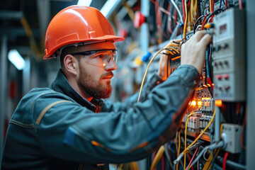 Poster - Electrician working with a switchboard. Generative AI.