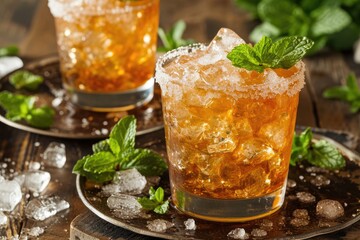 Poster - Alcoholic invigorating bourbon based cocktail with mint ice and sweetness