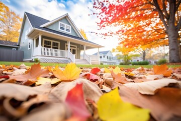 Wall Mural - autumn leaves around a cape cod property