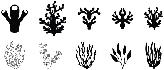 Vector set of corals and seaweeds silhouettes. Underwater coral reef and sea kelp in hand drawn doodle style. Marine aquarium plants illustration.