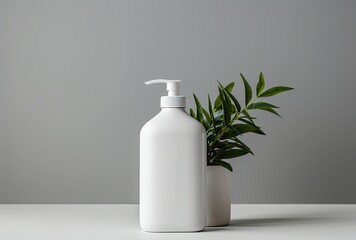 empty bottle mockup of white blanc dispenser on a white table counter