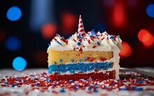 Tasty Cake With Red And White Frosting, Sprinkles And Small American Flag On The Top. American Holiday Celebration