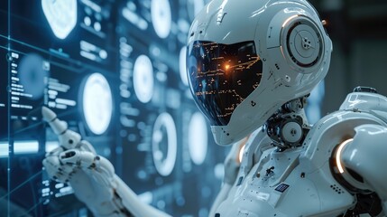 Poster - The simulation robot pointed at the large screen and introduced complex data. Generative AI.