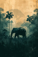 Elephant Silhouette In Jungle Mist. Vintage Style Illustration. Wildlife Conservation And Adventure Concept. Design For Poster, Print