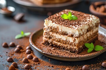 Wall Mural - Italian dessert homemade background Tiramisu cake