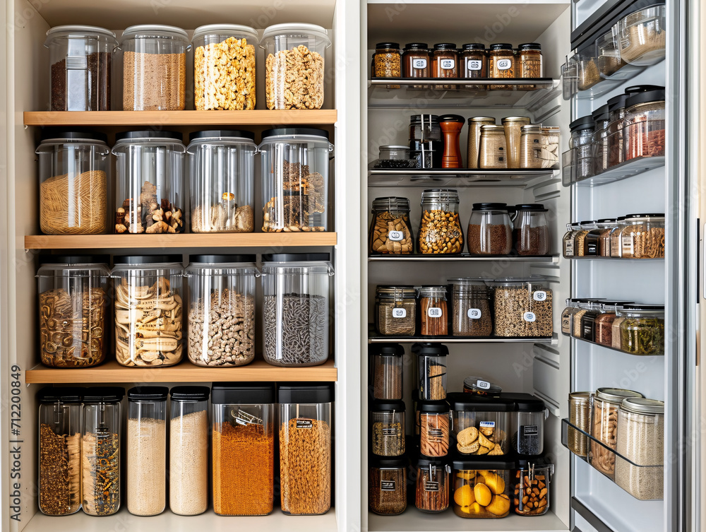 Assorted dry foods in transparent containers on wooden pantry shelves ...