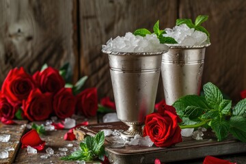 Sticker - Two silver cups with crushed ice fresh mint red roses in a rustic setting