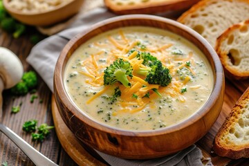 Wall Mural - Top view of creamy broccoli cheddar cheese soup in a wooden bowl with toasted bread