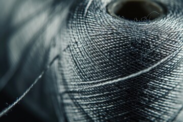 Wall Mural - Macro background image of a gray silver sew thread spool s close up texture