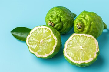 Poster - Image of fresh bergamot fruits on a blue background cut in half with a clipping path and copy space