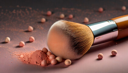 make up brush and powder or blush, beauty concept, face care