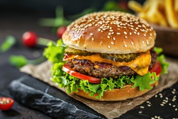 Sticker - Delicious cheeseburger with lettuce cheddar tomato pickles on a sesame bun in a rustic setting