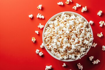 Wall Mural - Mock up of popcorn filled bowl on red background viewed from the top