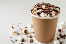 To Go Paper Cup With Cocoa Marshmallows And Chocolate On White Background