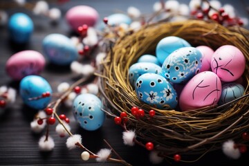 Basket With Decorated easter Eggs. ai generated