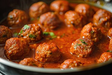 Wall Mural - Freshly made meatballs in sauce served in a pan