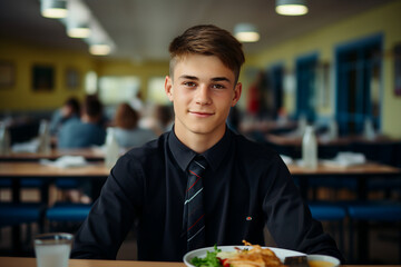 Generative AI photo of schoolchild eating tasty lunch at school canteen