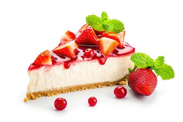 Poster - Cheesecake slice with strawberries and mint on white backdrop