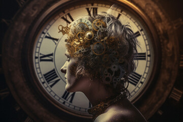 Wall Mural - Abstract concept of time passing by. Human silhouette and old clock representing past time. Turn back time concept. Melancholic mood