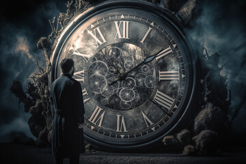 Wall Mural - Abstract concept of time passing by. Human silhouette and old clock representing past time. Turn back time concept. Melancholic mood