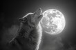 A black and white photo of a wolf howling at the moon, emphasizing its haunting beauty