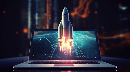 Futuristic rocket takes off from computer or laptop screen for startup and business growth concept.