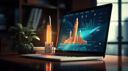 Futuristic rocket takes off from computer or laptop screen for startup and business growth concept. Generative AI