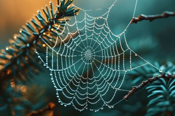 macro shot of a spiderweb glistening with morning dew, capturing the intricate details