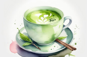 traditional Japanese green matcha tea in white cup with cinnamon, watercolor illustration.