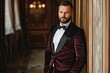 Expensive custom tailored tuxedoed man posing indoors