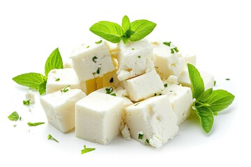 Wall Mural - Feta cheese cubes on a white background