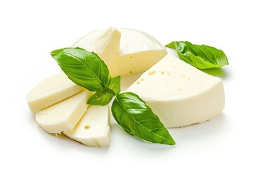 Wall Mural - Sliced mozzarella cheese with basil leaves isolated on white background