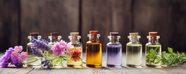 bottle of essential oil and colorful wild flowers on wooden background.