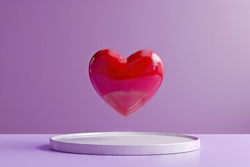 Wall Mural - 3D heart shape hovering over podium with blank purple background as symbol for quality cardiology or love