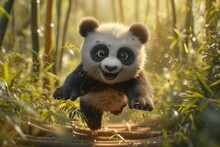 Fluffy Baby Panda Playfully Tumbling In A Bamboo Forest