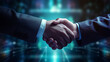 © 168 STUDIO - Professional Handshake in Corporate Environment. Two professionals in a firm handshake, signifying a business agreement or partnership in a corporate office setting.